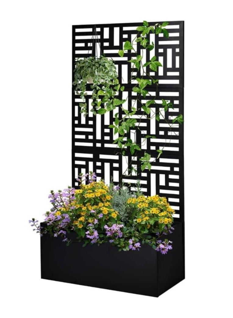 ماركة غير محددة سرير حديقة معدني مرتفع مع تعريشة وشاشة خصوصية – صندوق زراعة خارجي 120x38x180 سم مع دعم للتسلق – جدار خصوصية فناء مع شاشة مستطيلة – أسود  - Image 2