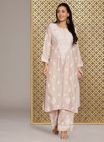 Alaya Hand Embroidered Chikan Chanderi Straight Kurta Palazzos-AL3671KS