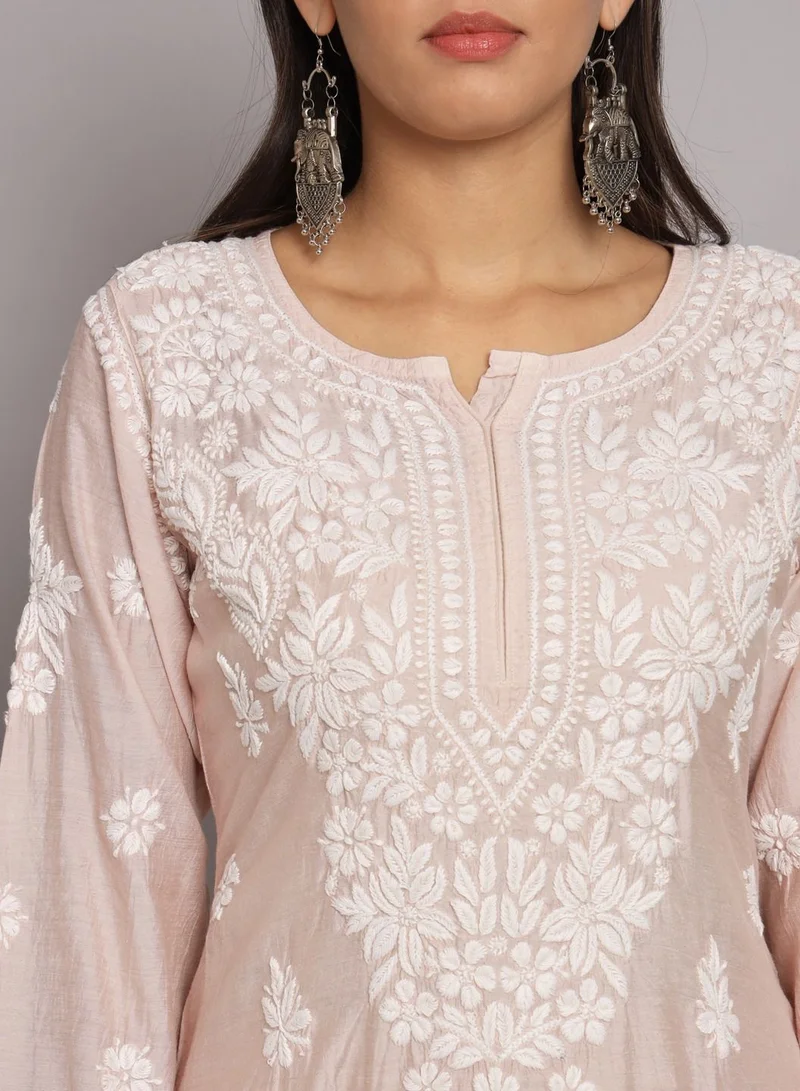 Alaya Hand Embroidered Chikan Chanderi Straight Kurta Palazzos-AL3671KS