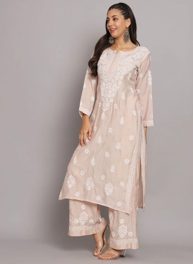 Alaya Hand Embroidered Chikan Chanderi Straight Kurta Palazzos-AL3671KS