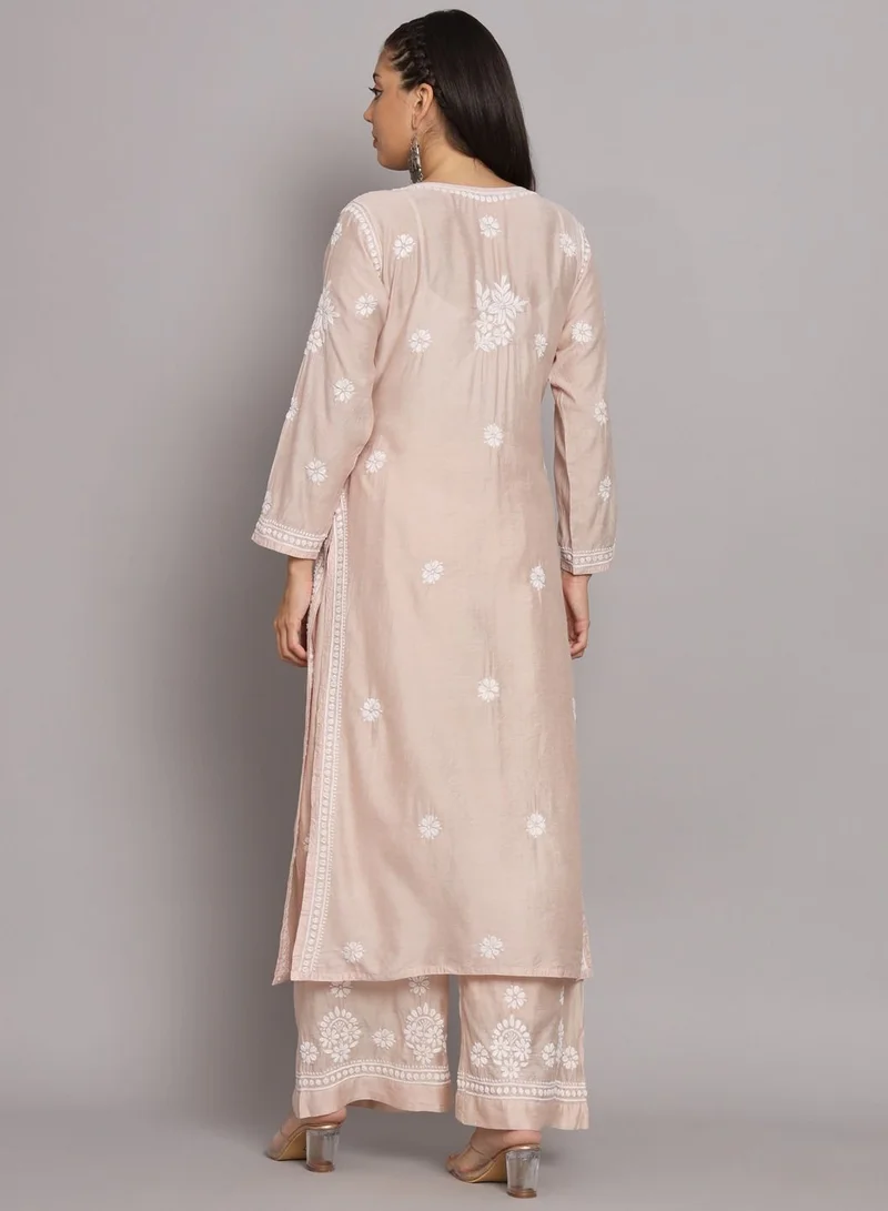 Alaya Hand Embroidered Chikan Chanderi Straight Kurta Palazzos-AL3671KS