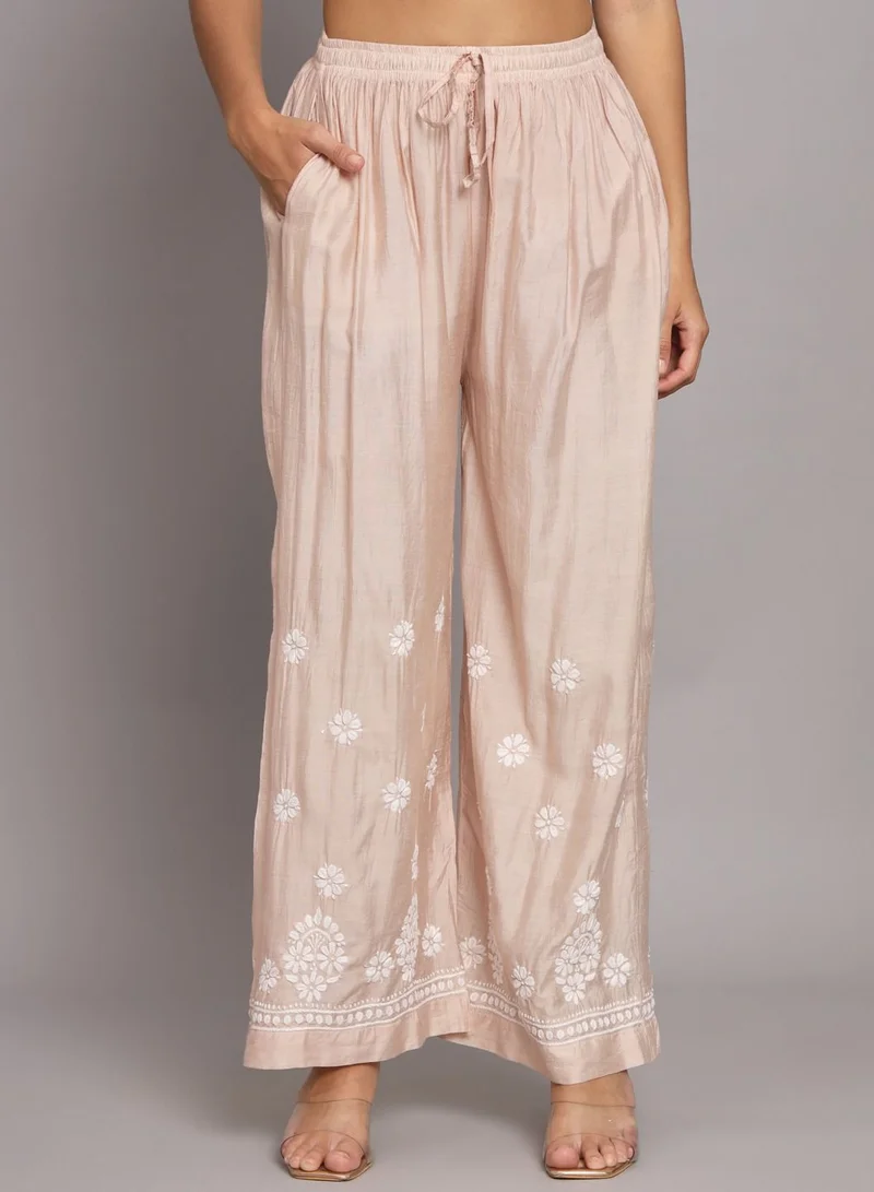 Alaya Hand Embroidered Chikan Chanderi Straight Kurta Palazzos-AL3671KS