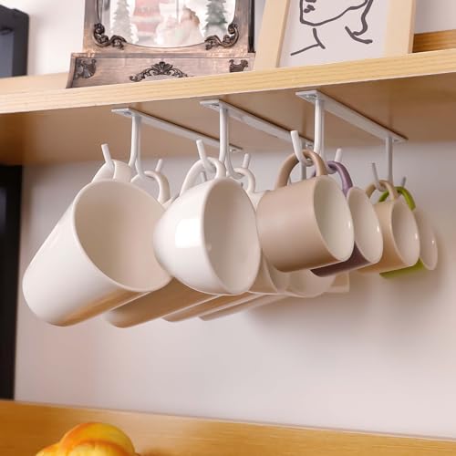 EigPluy Under Cabinet Mug Holder,Under Shelf Mug Hooks,Coffee Cup Holder,Hanging Mug Storage Rack(3 Pieces,White) - Image 1