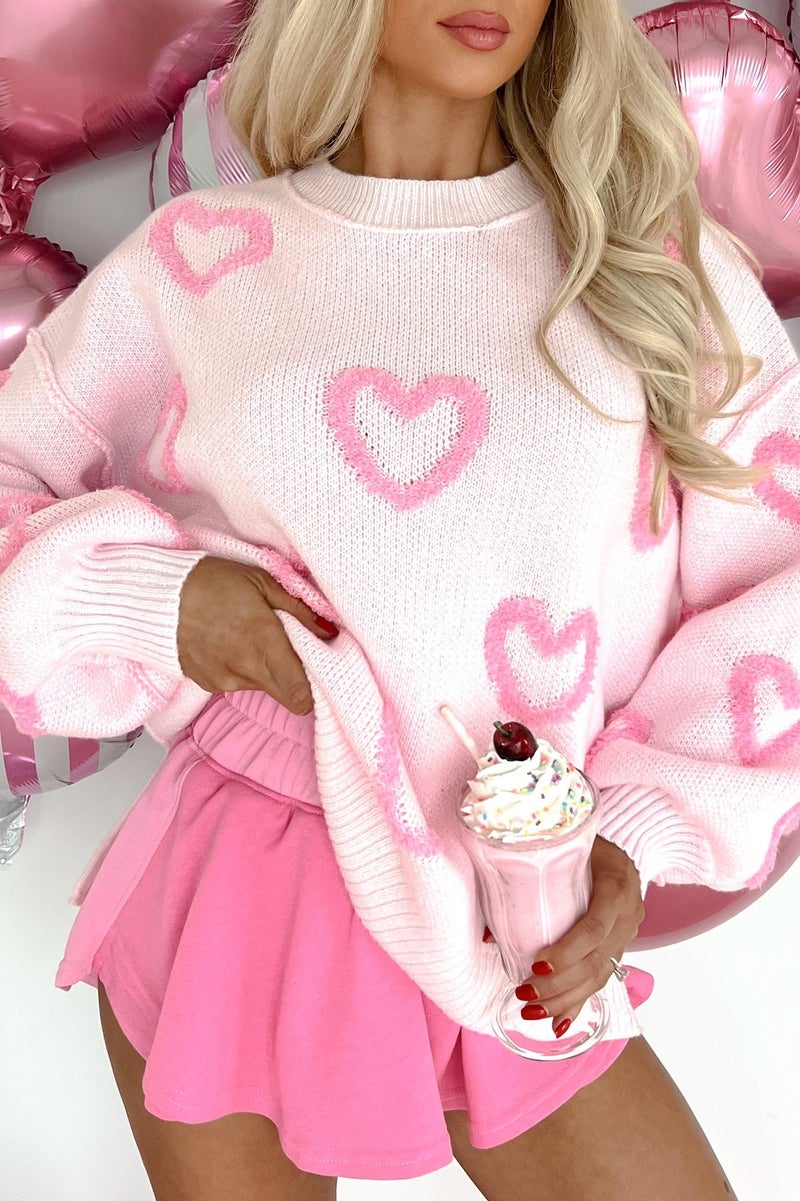 KMBANGI Women Heart Print Sweater Romantic Oversized Knitted Shirt Valentine Day Love Graphic Long Sleeve Pullover Top(Knitted Pink,M) - Image 4
