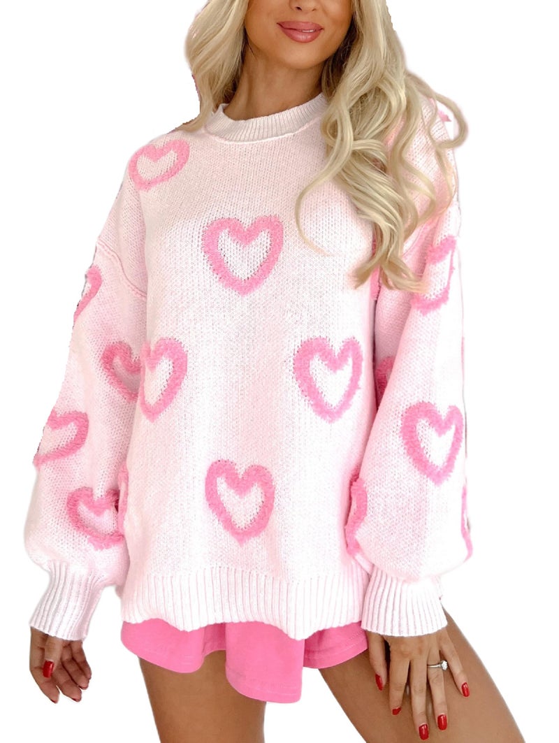 KMBANGI Women Heart Print Sweater Romantic Oversized Knitted Shirt Valentine Day Love Graphic Long Sleeve Pullover Top(Knitted Pink,M) - Image 1