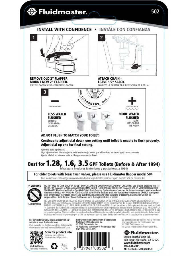 Fluidmaster 502P21 PerforMAX Universal Water-Saving Long Life Toilet Flapper for 2-Inch Flush Valves, Adjustable Solid Frame Design, Easy Install, Red, 1 pack - Image 4