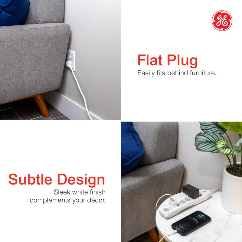 GE Surge Protector Power Strip, 10 Ft Extension Cord, 6 Outlet Extender, 800 Joules, Flat Plug, Twist-to-Close Safety Covers, ETL Listed, White, 14092 - Image 3