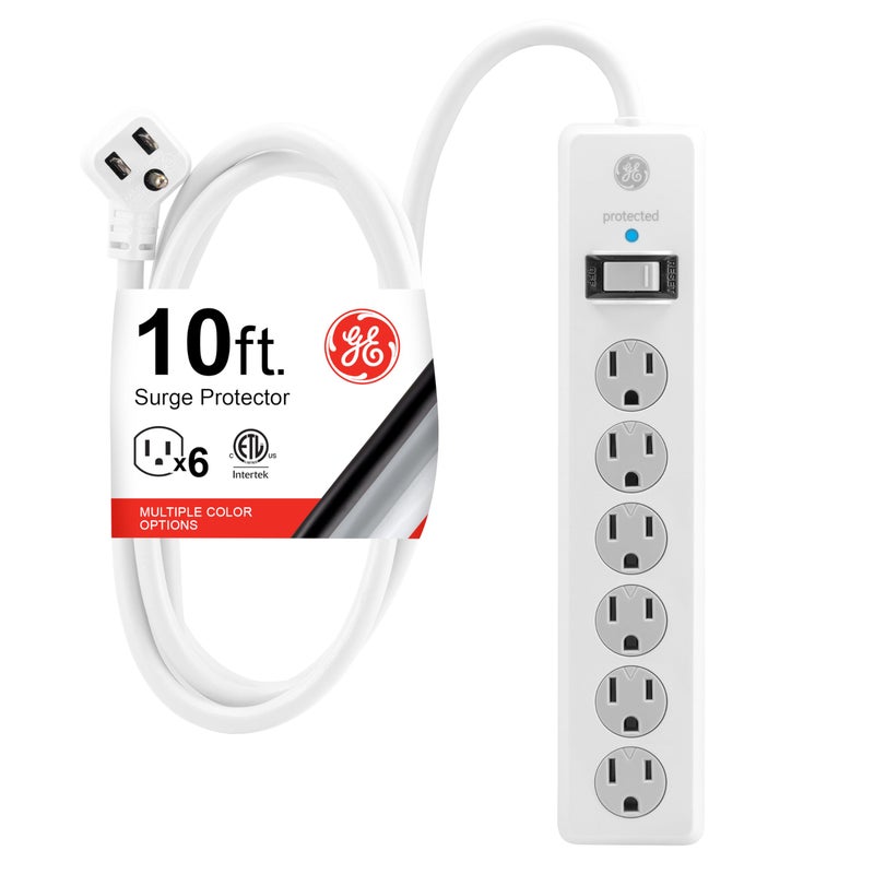 GE Surge Protector Power Strip, 10 Ft Extension Cord, 6 Outlet Extender, 800 Joules, Flat Plug, Twist-to-Close Safety Covers, ETL Listed, White, 14092 - Image 1