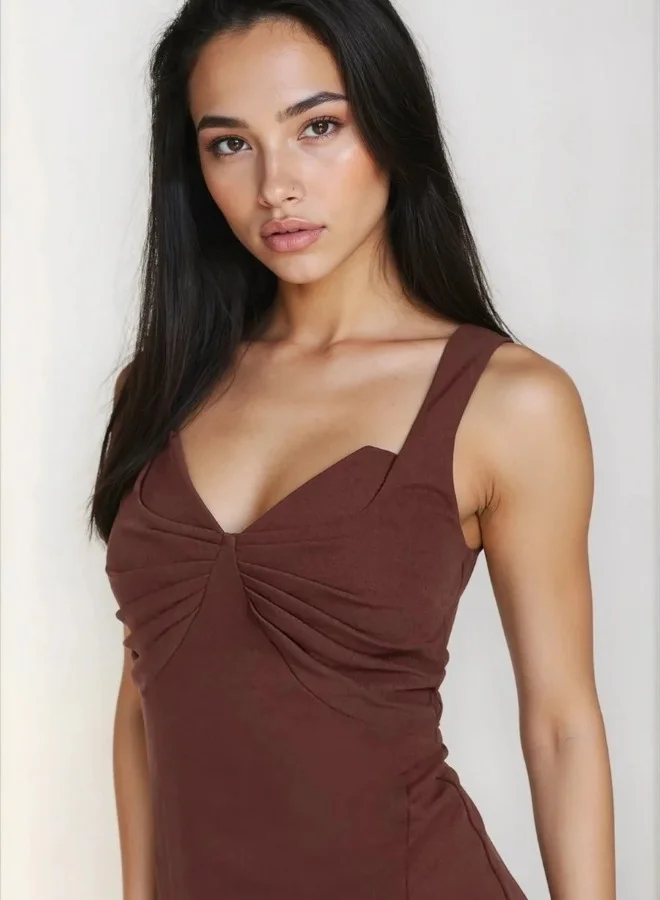 ليتل مسترس فستان ميدي بني شوكولاتة بعقدة أمامية