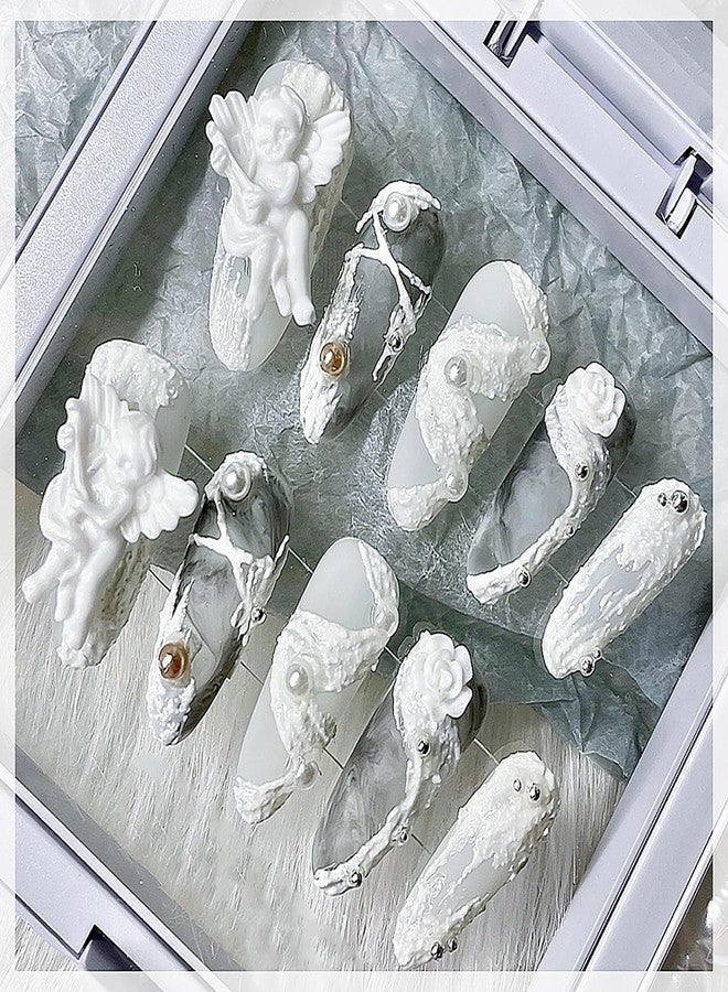 HYWWPFLAY 90Pcs Angel Baby Nail Charms, Goth Retro Nail Jewelry Studs, White Resin 3D Nail Art Decorations, Shiny Flat-Back Rhinestones Gems for Acrylic Nails DIY Manicure Design Tips - Image 2