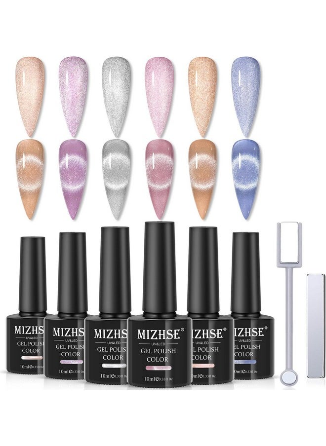 MIZHSE - 10Ml*6 Colors Cat Eye Gel Nail Polish, Crystal Magnetic Gel Polish Glitter Pink Gold Sparkle Gel Polish Set With Universal Sliver Cat Eye Gel, 2 Magnet Sticks, Summer Nail Art, Lady Gift Set - Image 1