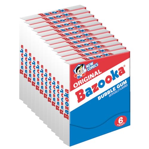Bazooka Bubble Gum Bulk Individually Wrapped Original Pink Chewing Gum Mini Wallet Packs 6 Piece Pack 12 Ct Pink wBazooka Joe Comic Wrapper Baseball Party Favors Nostalgic 90s Candy - Image 1