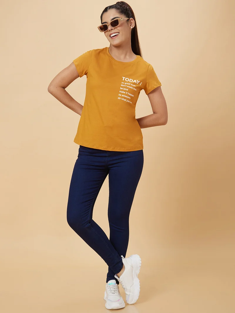 Women Yellow Typography Round Neck Pure Cotton T-Shirt
