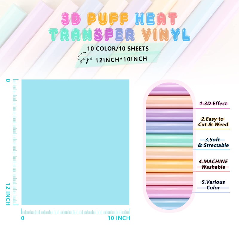 Tintnut 3D Puff Vinyl Heat Transfer - 10 Sheets 12inches X 10inches Pastel Puff HTV Puff Heat Transfer Vinyl 3D Puffy Iron On Vinyl for T-Shirts DIY Compatible with Cricut Or Silhoutte Cameo - Image 2