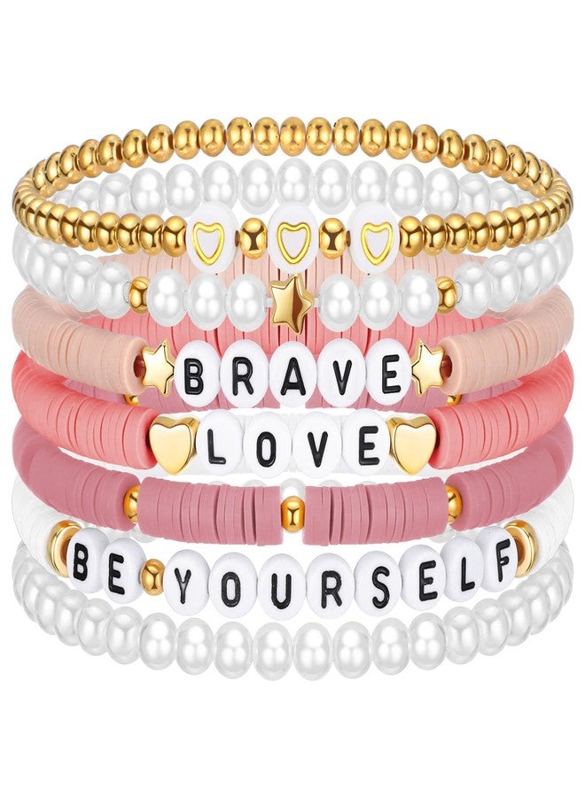 Landical 7 Pcs Friendship Bracelets for Women Teen Girls Preppy Clay Bead Heishi Surfer Bracelets Stackable Boho Y2k Jewelry(Pink) - Image 1
