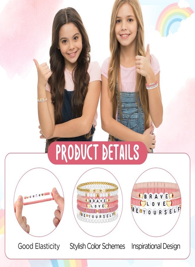 Landical 7 Pcs Friendship Bracelets for Women Teen Girls Preppy Clay Bead Heishi Surfer Bracelets Stackable Boho Y2k Jewelry(Pink) - Image 4