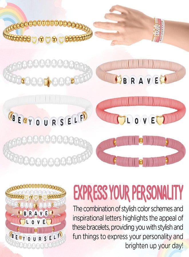 Landical 7 Pcs Friendship Bracelets for Women Teen Girls Preppy Clay Bead Heishi Surfer Bracelets Stackable Boho Y2k Jewelry(Pink) - Image 2
