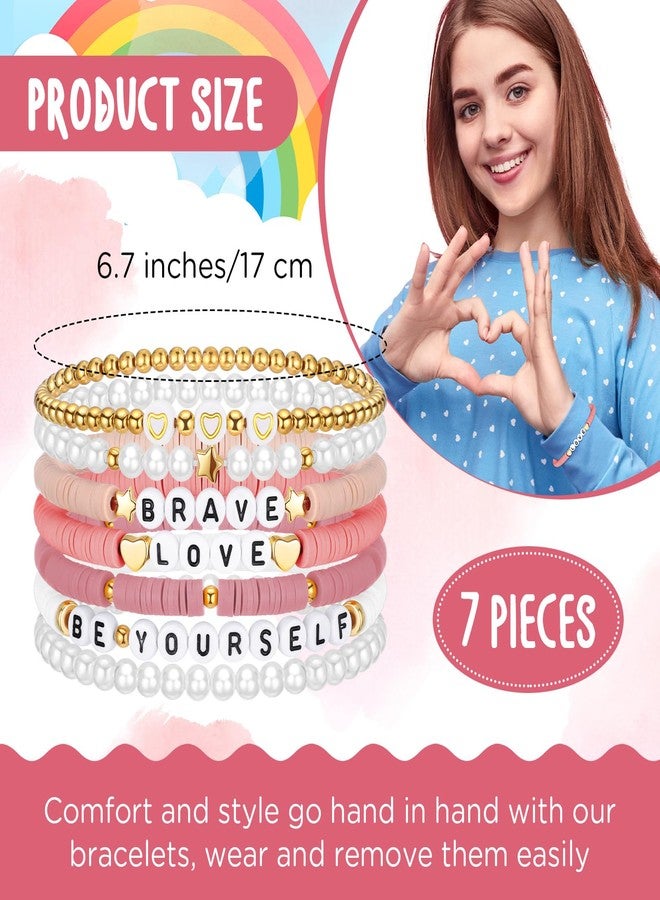 Landical 7 Pcs Friendship Bracelets for Women Teen Girls Preppy Clay Bead Heishi Surfer Bracelets Stackable Boho Y2k Jewelry(Pink) - Image 3