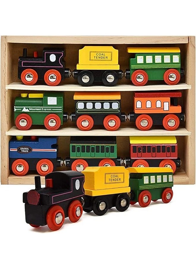 Gift Boutique Gift Boutique Wooden Train Cars 9 Piece Collection of Magnetic Trains and Wood Engine and Vehicles Compatible with All Major Brands, A Deluxe Railway Set for Kids  - Image 1