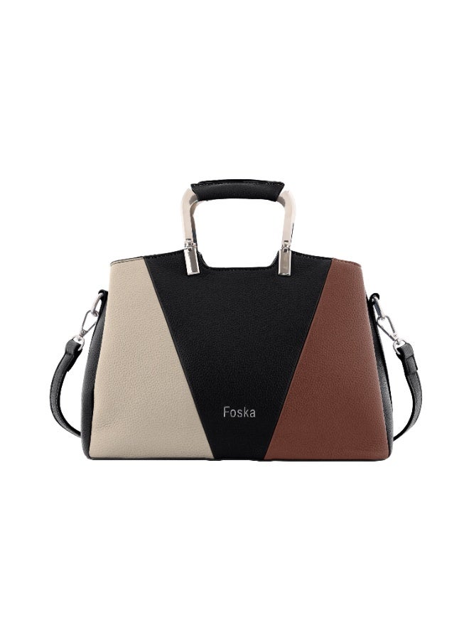 فوسكا vحقيبة يد وش shoulder من فوسكا للنساء - تصميم هندسي، مقبض معدني - أسود، بيج، بني - 30x21.5 سم - Image 1