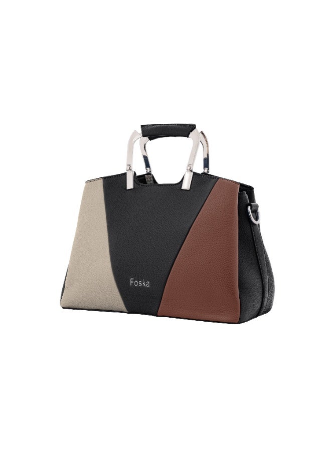 فوسكا vحقيبة يد وش shoulder من فوسكا للنساء - تصميم هندسي، مقبض معدني - أسود، بيج، بني - 30x21.5 سم - Image 2