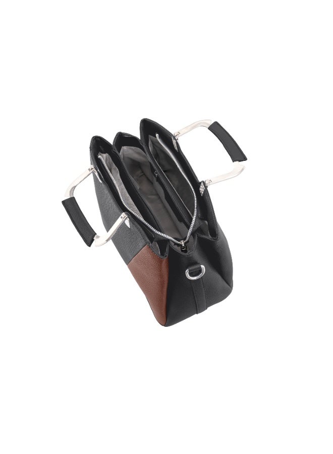 فوسكا vحقيبة يد وش shoulder من فوسكا للنساء - تصميم هندسي، مقبض معدني - أسود، بيج، بني - 30x21.5 سم - Image 4