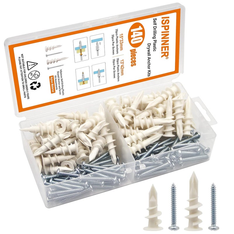 ISPINNER 140pcs Plastic Drywall Anchors Self Drilling Hollow Wall Anchors with Screws Assortment Kit (13x42mm + 15x33mm) - Image 1