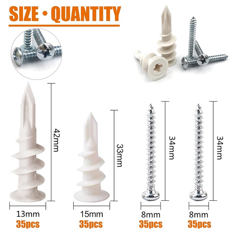 ISPINNER 140pcs Plastic Drywall Anchors Self Drilling Hollow Wall Anchors with Screws Assortment Kit (13x42mm + 15x33mm) - Image 2