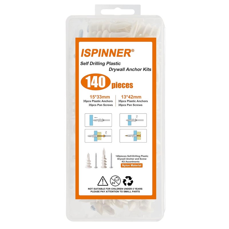 ISPINNER 140pcs Plastic Drywall Anchors Self Drilling Hollow Wall Anchors with Screws Assortment Kit (13x42mm + 15x33mm) - Image 5