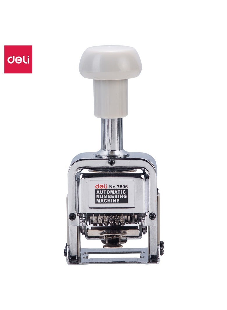 Deli E7506 6 Digits Plastic & Metal Numbering Machine - White - Efficient Labeling Solution for Office, Warehouse, and Inventory Use - Image 1