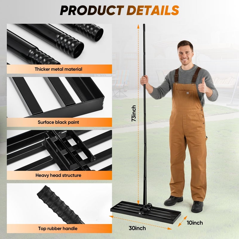 Saker Lawn Leveling Rake 30x10 Inch, Lawn Leveler Tool with 73-Inch Stainless Steel Handle, Heavy Duty Landscape Rake for Yard, Garden, Farm, and Golf Course - Black - Image 4