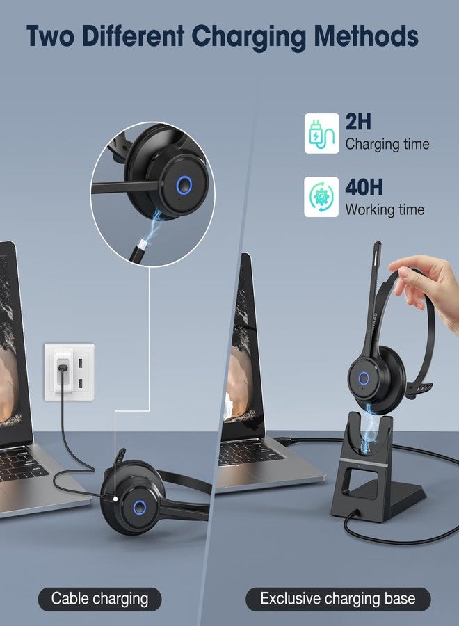 KONNAO Bluetooth Headset with AI Noise Cancelling Microphone, V5.3 Wireless Headphones with USB Dongle, Charging Station, Microphone Mute Switch, Wireless Headsets for Work - Image 3