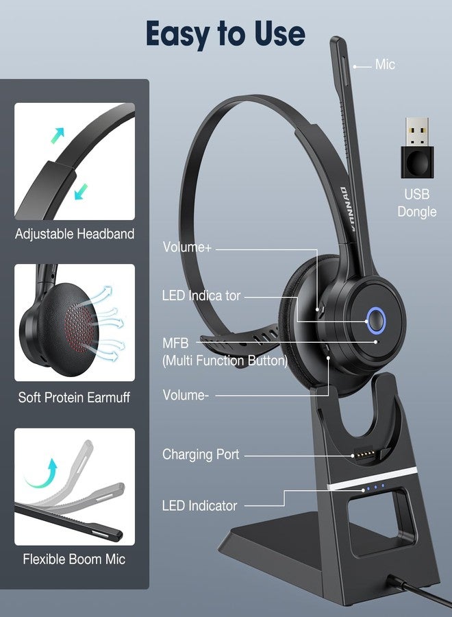 KONNAO Bluetooth Headset with AI Noise Cancelling Microphone, V5.3 Wireless Headphones with USB Dongle, Charging Station, Microphone Mute Switch, Wireless Headsets for Work - Image 4