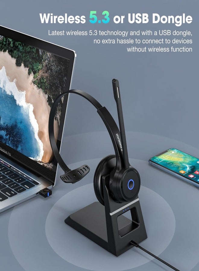 KONNAO Bluetooth Headset with AI Noise Cancelling Microphone, V5.3 Wireless Headphones with USB Dongle, Charging Station, Microphone Mute Switch, Wireless Headsets for Work - Image 5
