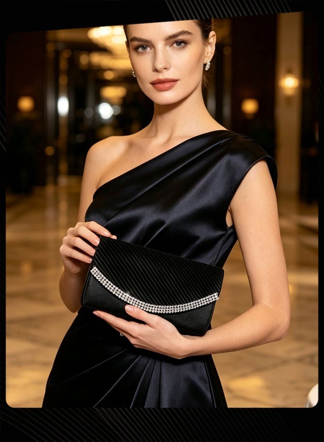 Joychic Women Pleated Satin Evening Clutch Bag Sparkling Rhinestone Trim Envelope Handbag with Detachable Chain Strap Elegant Formal Handbag for Party Prom Banquet Black - Image 1