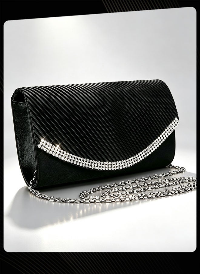 Joychic Women Pleated Satin Evening Clutch Bag Sparkling Rhinestone Trim Envelope Handbag with Detachable Chain Strap Elegant Formal Handbag for Party Prom Banquet Black - Image 2