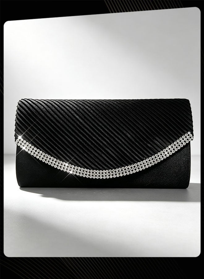 Joychic Women Pleated Satin Evening Clutch Bag Sparkling Rhinestone Trim Envelope Handbag with Detachable Chain Strap Elegant Formal Handbag for Party Prom Banquet Black - Image 3