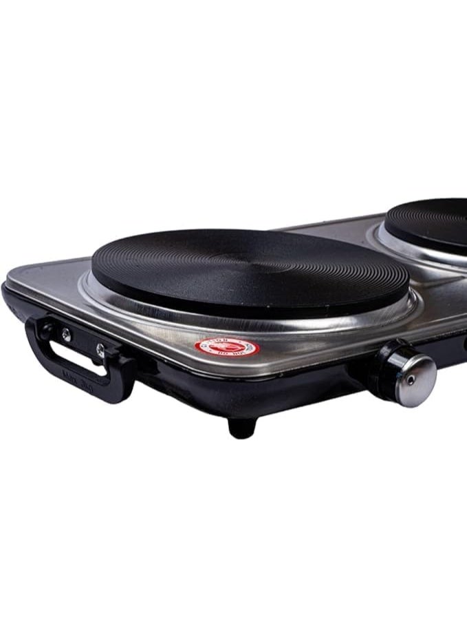 Double electric hob with 2 burners, made of shiny, rust-resistant metal; powerful electric cooking warmer with adjustable power and a portable design; ideal electric cooktop for small kitchens, travel, and offices. - Image 2