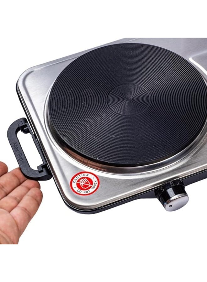 Double electric hob with 2 burners, made of shiny, rust-resistant metal; powerful electric cooking warmer with adjustable power and a portable design; ideal electric cooktop for small kitchens, travel, and offices. - Image 4