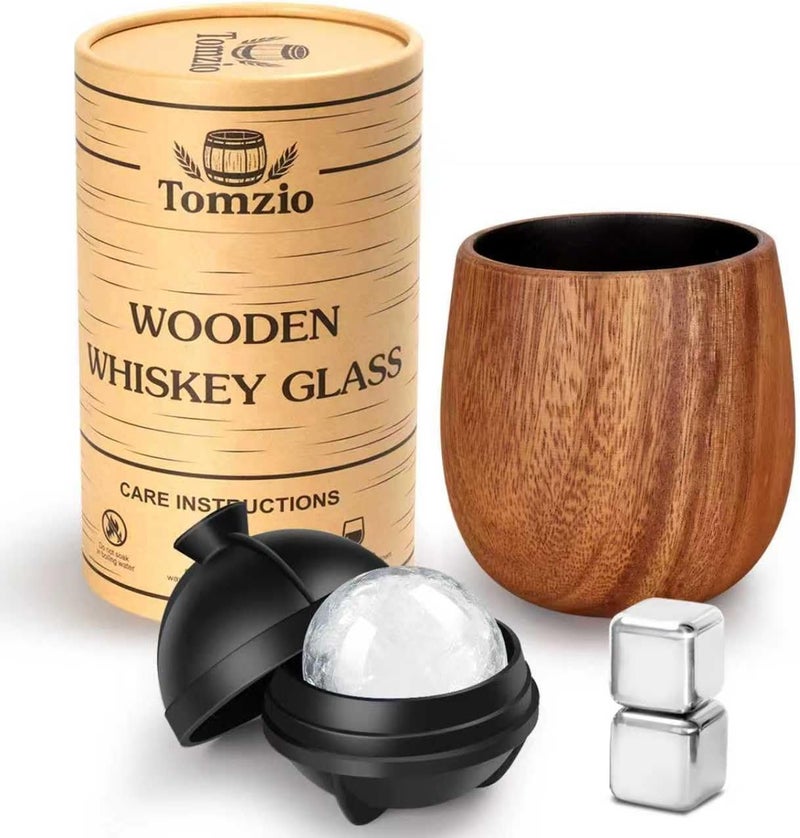 Tomzio Original Charred Wooden Bourbon Drinking Glass Set,11oz Handcrafted Premium Acacia Whiskey Tumbler, Bourbon Gifts for Men, Dad or Brother, Whiskey Gifts for Men Who Have Everything - Image 1