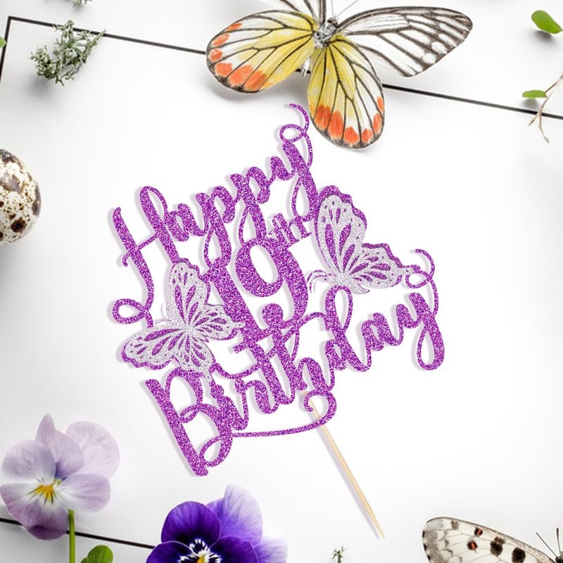 Kaoenla Butterfly Happy 19th Birthday Cake Topper  Glitter 3D Butterfly Theme 19th/nineteen Birthday/Anniversary Party Cake Decor (19th  Purple) - Image 2