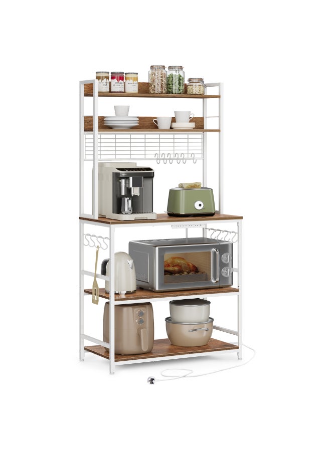 VASAGLE Kitchen Storage Rack with Power Outlet, Coffee Bar, Baker's Rack, with Metal Wire Panel, 14 Hooks, for Microwave, Steel Frame, 40 x 80 x 170 cm, Rustic Walnut and White - Image 1