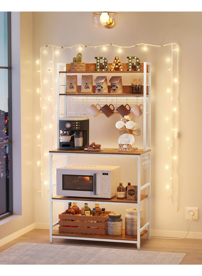 VASAGLE Kitchen Storage Rack with Power Outlet, Coffee Bar, Baker's Rack, with Metal Wire Panel, 14 Hooks, for Microwave, Steel Frame, 40 x 80 x 170 cm, Rustic Walnut and White - Image 3