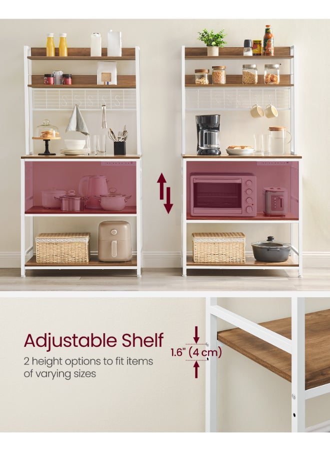 VASAGLE Kitchen Storage Rack with Power Outlet, Coffee Bar, Baker's Rack, with Metal Wire Panel, 14 Hooks, for Microwave, Steel Frame, 40 x 80 x 170 cm, Rustic Walnut and White - Image 5