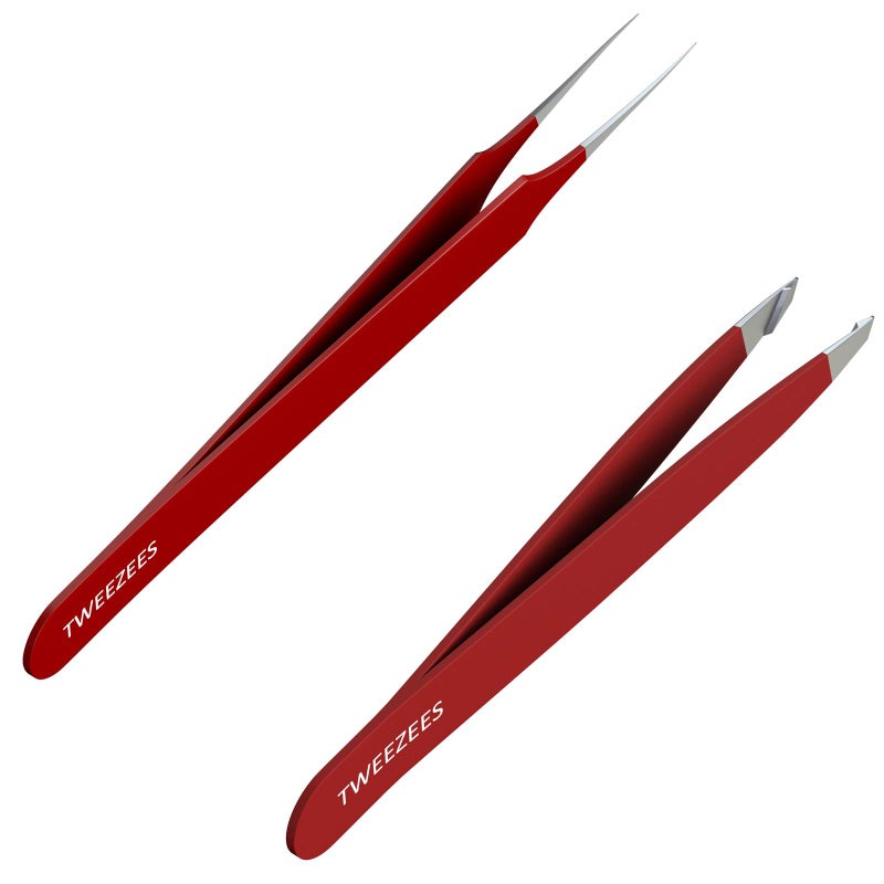 Tweezees Precision Red Stainless Steel Tweezers | Professional Slant Tip & Splinter Tip Tweezer | Extra Sharp Hair Removal Tool | For Eyebrow Shaping - Image 1