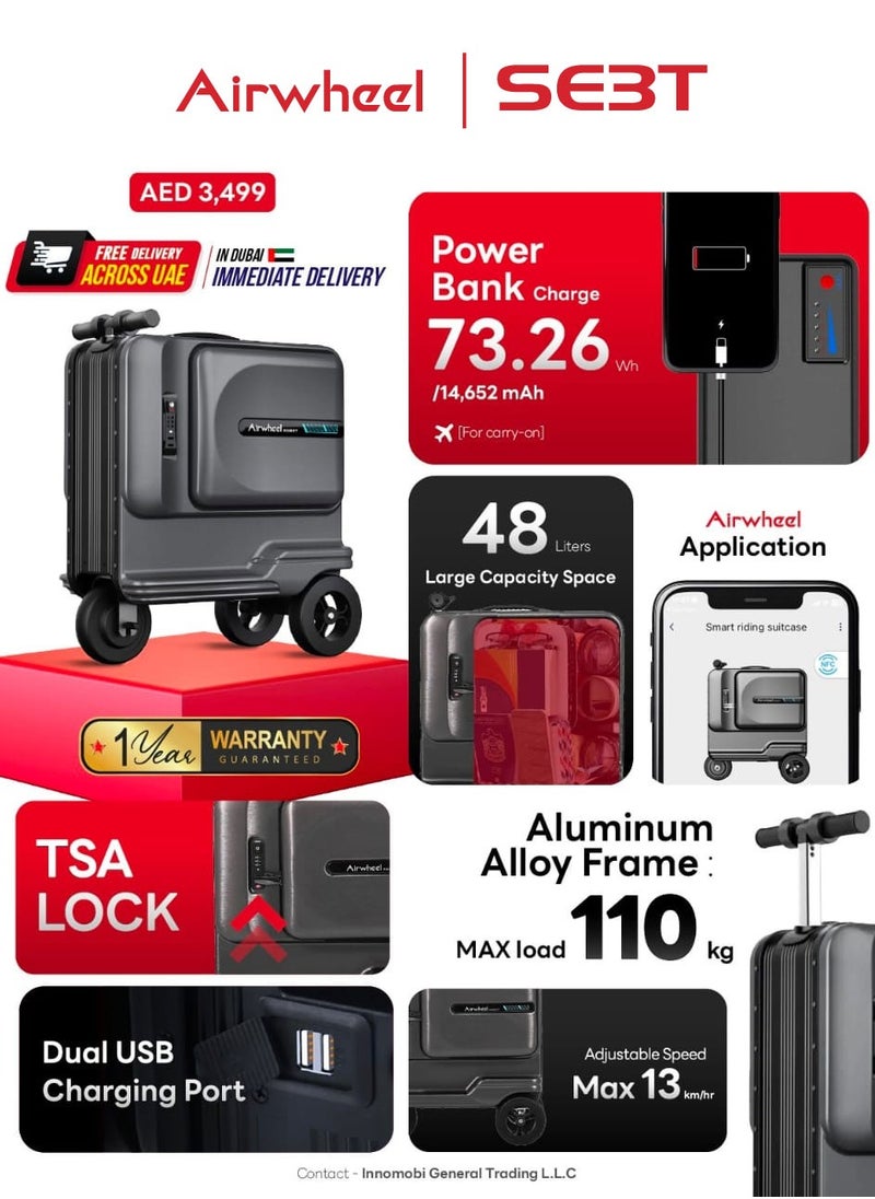 Airwheel - Airwheel SE3T - Electric Luggage Scooter - Black | Extra-Large Smart Riding Suitcase with Removable Battery, Airwheel Luggage | Official Dealer in UAE - Image 1