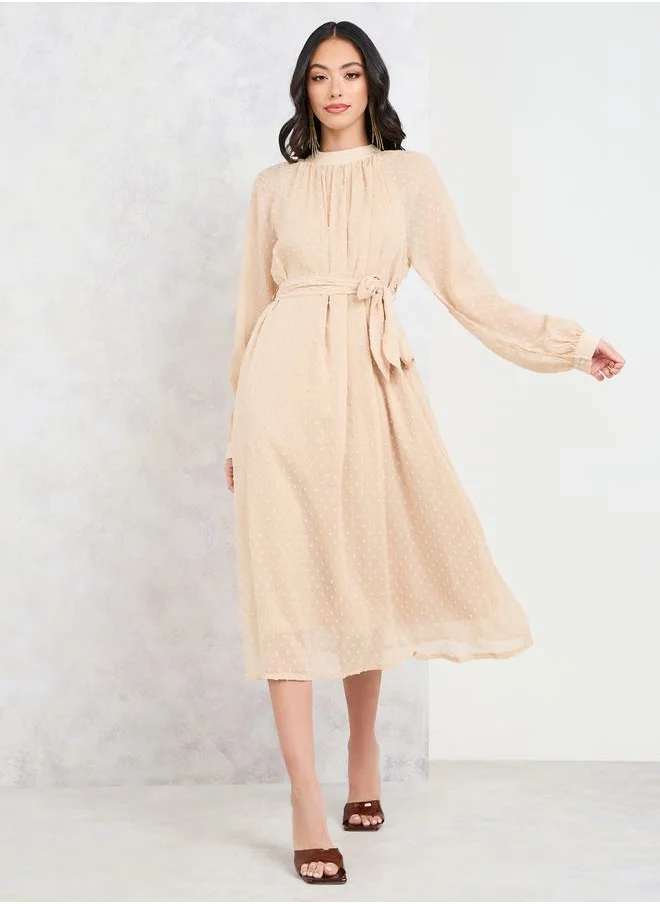 Styli Dobby High Neck A-Line Midi Dress