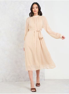 Dobby High Neck A-Line Midi Dress
