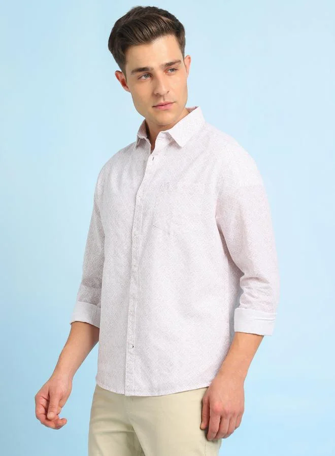 دينيس لينغو قميص رجالي قطن وردي مطبوع بأزرار بقصة عادية