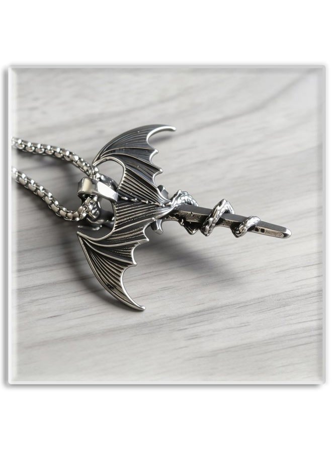 Xusamss Punk Titanium Steel Wing Sword Pendant Dragon Necklace with 24 Inch Chain - Image 4